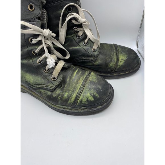 Dr. Martens Aimilita BLACK GREEN Leather Boots Womens SIZE 8 Combat Foldover DI - Picture 2 of 9